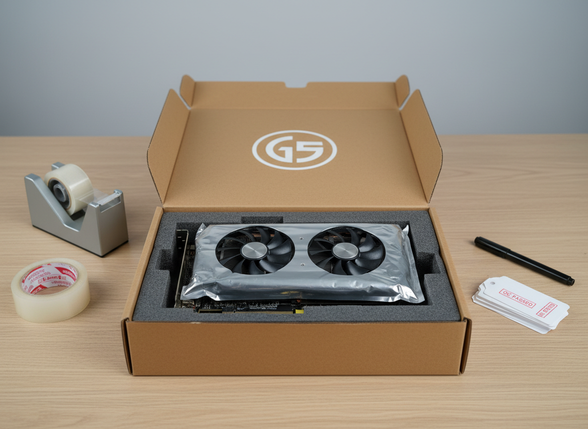 A close-up of a secure packaging process: a sealed anti-static bag containing a graphics card nested inside custom-cut grey foam, all within a rigid cardboard shipping box emblazoned with a minimalist logo. The box sits on a smooth, light oak table, with organized packing tape and inspection tags nearby. Overhead cool-white lighting creates crisp, shadowless illumination, drawing attention to the safe, methodical aspects of shipping. The composition is tightly framed and symmetrical, reinforcing assurance and attention to detail for buyers and sellers, in photographic realism with a structured, professional aesthetic.