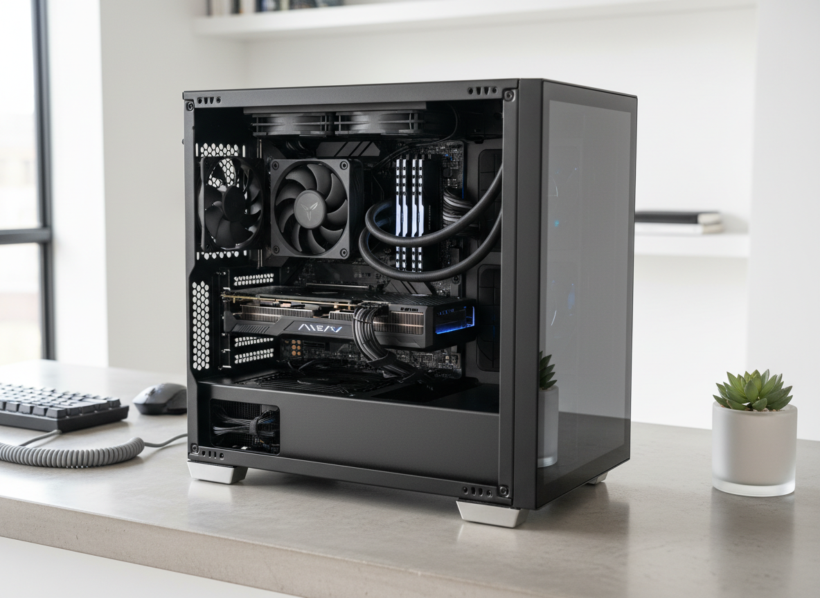 A fully built, professionally assembled computer system with tempered glass side panel removed, revealing carefully routed black-and-grey sleeved power cables, neatly seated RAM modules, and a precision-installed cooling system. All components sit atop a light concrete countertop within a bright, uncluttered workspace. Soft daylight from a large, off-frame window gently lights the entire setup, bringing out subtle metallic sheens and deep shadows inside the case. Captured from a slightly elevated angle with sharp focus throughout, the scene conveys trust, order, and modernity, matching the site's clean-lined, photographic, and corporate personality.