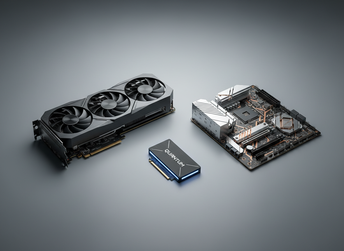 A collection of pristine computer components—an unblemished graphics card, a solid-state drive with etched branding, and a sleek motherboard with metallic traces—arranged in precise alignment on a smooth grey surface. The clean environment is accentuated by gentle overhead studio lighting that emphasizes the intricate details, textures, and subtle reflections on each part. The composition follows the rule of thirds, with ample negative space to highlight the components' sophistication. The mood is calm and methodical, reinforcing a sense of security and deliberate curation, fitting the professional, photographic style of a trusted hardware store.