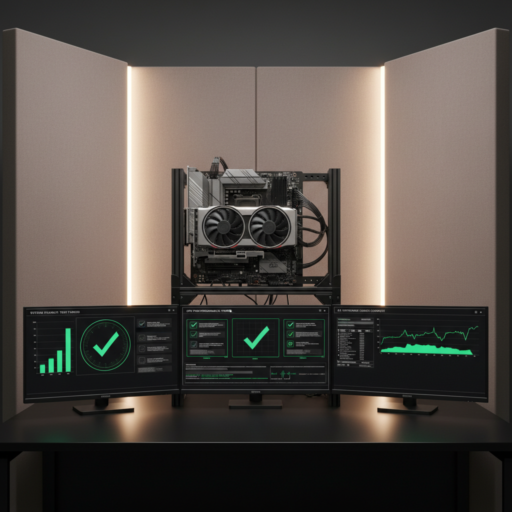 A modern testing station featuring a benchtop test rig with a mounted motherboard, GPU, and diagnostic screens displaying successful hardware checks, all arranged on a spotless black lab desk. The environment is surrounded by neutral-toned panels and softly backlit with balanced, indirect LED lighting. The scene is captured from an eye-level perspective with sharp focus throughout, subtly emphasizing the intricate details of the hardware and the orderliness of the setup. The atmosphere is composed and confident, evoking a sense of trust in the inspection process, all in line with the site's clean, professional photographic style.